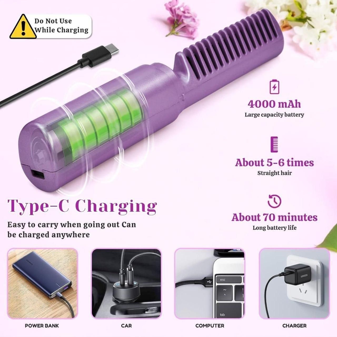 Portable Hair Straightener Cordless Rechargeable Hot Comb